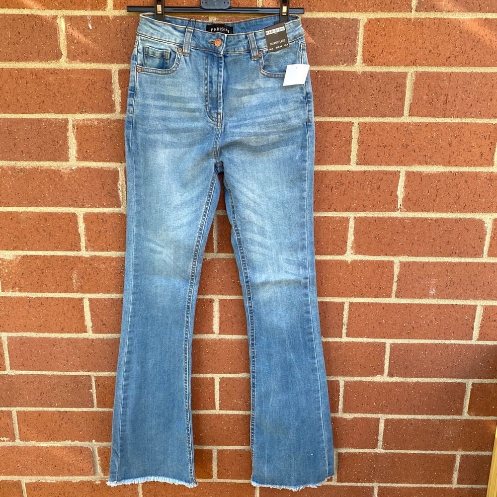 High Waist Frayed Hem Skinny Flare Denim Jeans - Picture 5 of 8
